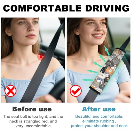 2Pcs Soft Auto Seat Belt Cover Pad Cute Cat Print Colorful Car Seatbelt Shoulder Cushion for Comfortable Driving, Compatible with All Cars' Seatbelt and Backpack Straps - color: Cat