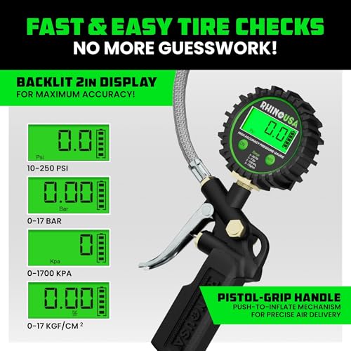 Rhino USA Digital Tire Pressure Gauge with Inflator (250 PSI) Professional Air Chuck & Air Compressor Attachments - High Pressure Tire Gauge with 0.1 Display Resolution - Best Car Accessories (1-Pack) - style: 250psi Digital