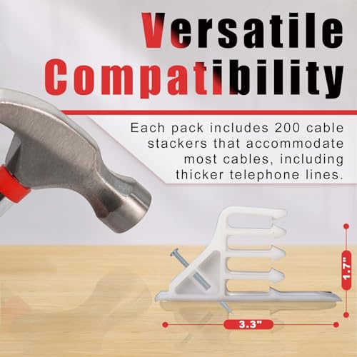 200 Pcs Multi-Cable Staple, Cable Stackers Electrical Wire Stackers, Cable Staples Clips with Steel Nails, White for Suitable Most Cables (White) - color: 200Pcs-White