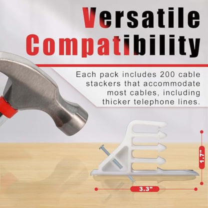 200 Pcs Multi-Cable Staple, Cable Stackers Electrical Wire Stackers, Cable Staples Clips with Steel Nails, White for Suitable Most Cables (White) - color: 200Pcs-White