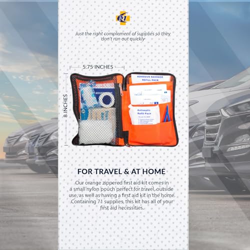 MFASCO First Aid Kit for Home, RV, Automotive - Compact Orange Pouch with Organizers for Small Travel, Backpacking, Cars, Motorcycle, Basic Supplies, Measures 8 x 5 3/4 x 1 1/4 inches, 70 Pieces