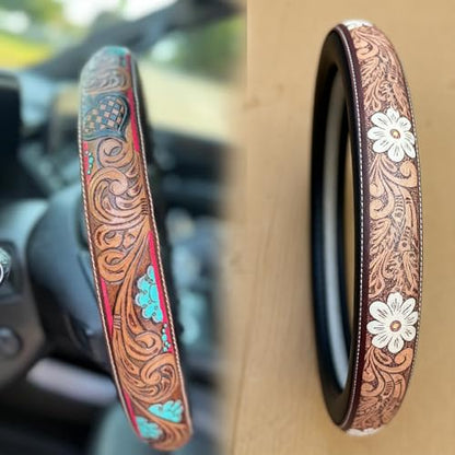 Western Cowboy Steering Wheel Cover Leather, Retro Car Tooled Leather Steering Wheel Cover, Embossed Hand-Painted Universal Anti-Slip - color: K Color