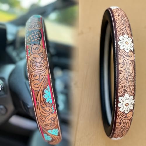 Western Cowboy Steering Wheel Cover Leather, Retro Car Tooled Leather Steering Wheel Cover, Embossed Hand-Painted Universal Anti-Slip - color: B Color