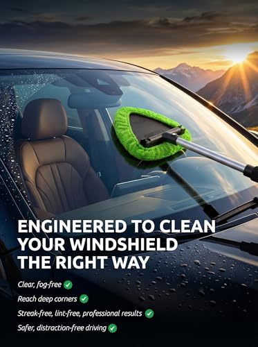 TAKAVU Car Window Cleaning Tool, Windshield Wiper Cleaner with Extendable Long-Reach Handle, 3 Washable Reusable Microfiber Bonnets, Car & Home Inside Interior Exterior Use - Lint Free (Green) - color: Black & Green