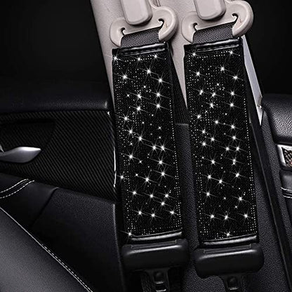Seat Belt Pads 2-Pack Bling Seat Belt Covers Soft PU Leather Crystal Seat Belt Shoulder Pads Rhinestone Bling Car Accessories For Women (Black) - color: Black