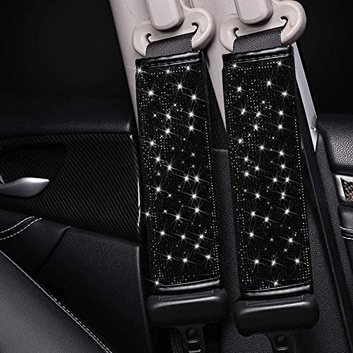 Seat Belt Pads 2-Pack Bling Seat Belt Covers Soft PU Leather Crystal Seat Belt Shoulder Pads Rhinestone Bling Car Accessories For Women (Black) - color: Black