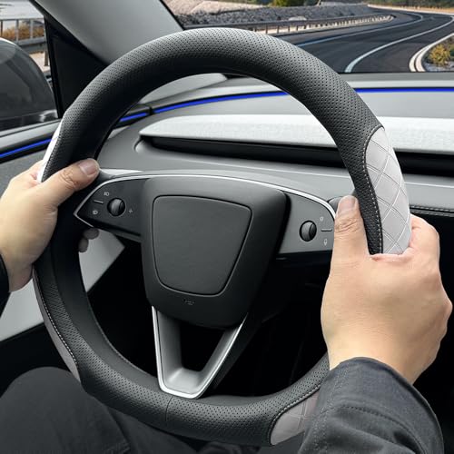 LKWLIKEI Leather Steering Wheel Cover. Elegant Diamond Checkered Design, Non-Slip and Breathable, for Tesla Model 3/Y Steering Wheel Protector,Black White - color: Black White