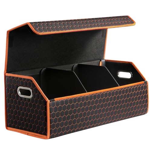 Fyzeoty Car Organizers and Storage - Trunk Organizer for Suv Car,Car Trunk Leather Storage Box,Extra Large,Magnetic Lid,Collapsible and Adjustable - color: Orange-Honeycomb, size: Extra Large