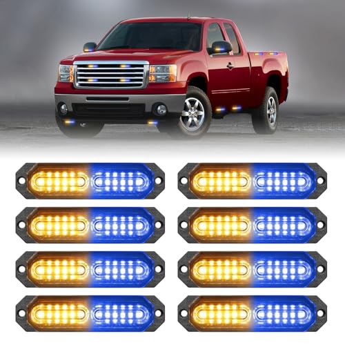 HLauto 1200T Emergency Strobe Grille Lights: 8pcs 12 LED Sync Feature Safety Warning Flashing Lights, Ultra Slim Surface Mount Hazard Caution Lights for Trucks, Vehicles, Car, ATV, UTV (Amber Blue) - color: Amber/Blue