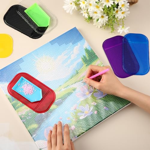 Blulu 6 Pieces Diamond Art Painting Accessories Anti-Slip Tools Sticky Mat Diamond Painting Trays Sticky Gel Pad Universal Mount Holder 5.6 x 3.3 Inch for Adults Art Supplies (Dark Color Style) - color: Dark
