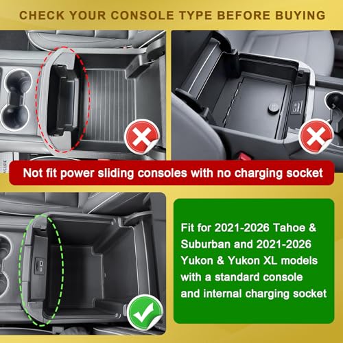 Center Console Organizer Armrest Divider Compatible with 2021-2026 Chevy Tahoe/Suburban and 2021-2026 GMC Yukon, Fits Standard Console with Charging Socket Only, 6-Compartment Storage Inserts