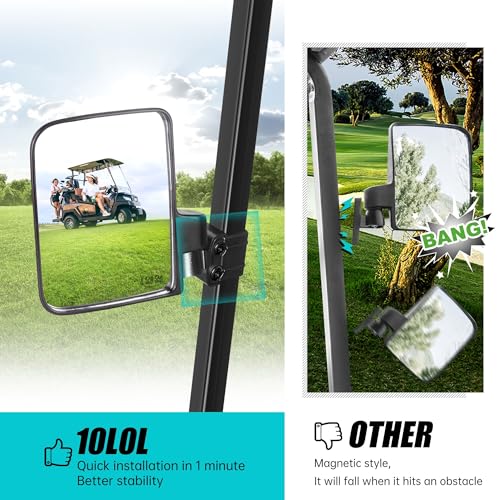 10L0L Golf Cart Mirror, No Drilling Extra Large Side View Mirror Universal for Yamaha, Club Car, EZGO, Folding Side Rear View Mirrors Adjustable 180 Degree - style: Basic