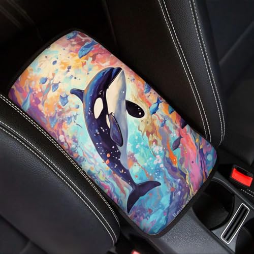 Modysero Cool Print Dustyproof Univerasl Fit and Soft Car Armrest Pad Aesthetics Killer Whale Armrest Cover Interior Decoration for Cars Truck SUV Sedan - color: aesthetics killer whale