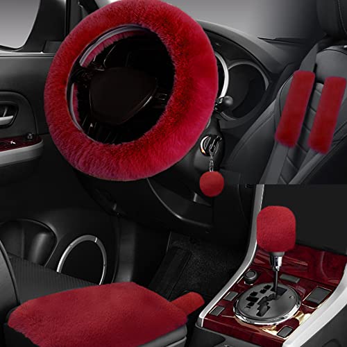 7PCS Set car Interior Aesthetic Accessories, Fluffy 15 inch Steering Wheel Cover, armrest pad, seat Belt Cover,Gear Shift Cover, Fit Girly car Accessories for Women. - color: Wine Red