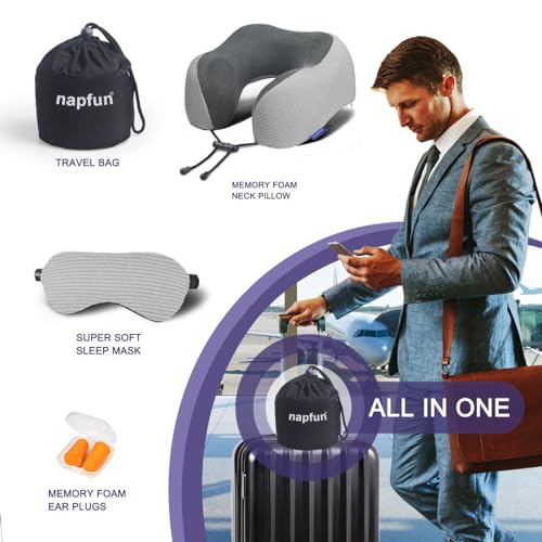 napfun Neck Pillow for Travel with Travel Pouch, Sleep Mask & Earplugs, Memory Foam Airplane Pillow for Headrest Sleep with Eyeshades, Plane Essentials with Eye Blindfold, Light Gray Striped Kit - color: Light Gray Striped Kit
