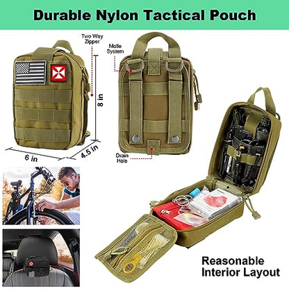 Survival Kit 256 in 1, First Aid Kit Survival Gear Tools Trauma Kit with Molle Pouch for Outdoor, Camping, Hunting, Hiking, Earthquake, Home, Office, Gifts for Men Dad Husband Women - color: Green