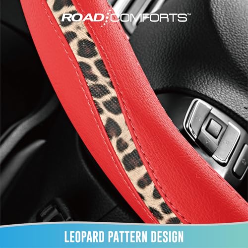 Road Comforts Steering Wheel Cover - Made with PVC Leather and Leopard Fabric - Universal 14 1/2 inches to 15 inches for Most Automotive Steering Wheel - Cheetah Print -Red - color: Round-Red