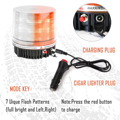 Amber/White Wireless Rotating Beacon Orange Battery Led Strobe Warning Light Roof Top Plow Hazard Flash Emergency Lights 12V with Magnetic Base Mount and Rechargeable Plug(Yellow/White, 18 LED) - color: Amber/White