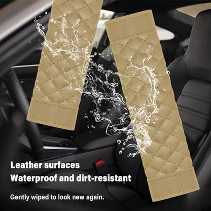 2PCS Car Seat Belt Cover Pad,Soft Leather Seatbelt Covers Breathable Seatbelt Cushion with Plaid Design,All Seasons Universal Car Interior Accessories Seat Belt Cover for Kids & Adults (Beige) - color: Beige
