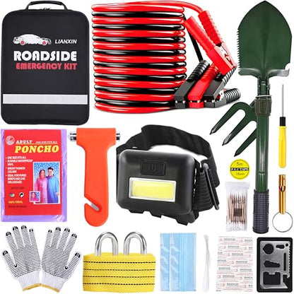 LIANXIN Emergency Car Kit - Premium Roadside Assistance Kit for Cars with Jumper Cables, Headlamp, Folding Shovel & Tow Strap All-in-One Vehicle Safety Kits for Winter, Travel, Survival (Men & Women) - color: Green