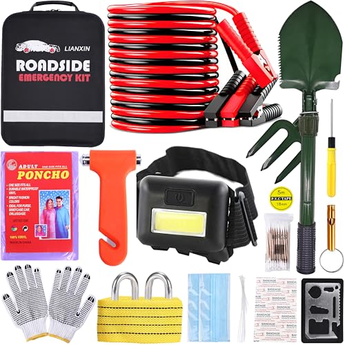 LIANXIN Emergency Car Kit - Premium Roadside Assistance Kit for Cars with Jumper Cables, Headlamp, Folding Shovel & Tow Strap All-in-One Vehicle Safety Kits for Winter, Travel, Survival (Men & Women) - color: Green