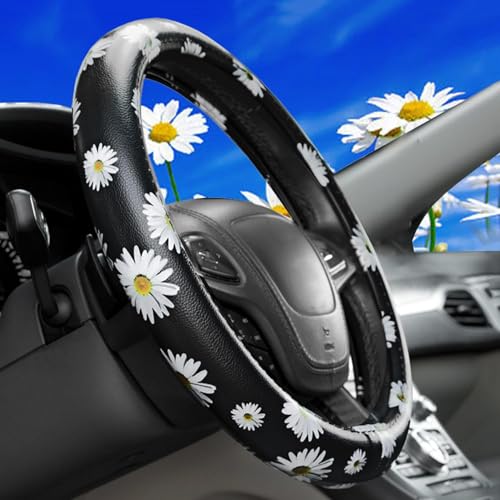 Dotesy Leather Flowers Car Steering Wheel Cover, Fashion Floral Steering Wheel Protector Universal for 36-38cm Anti Slip Auto Interior Decor Protection Accessories for Women (Black White) - color: Black White