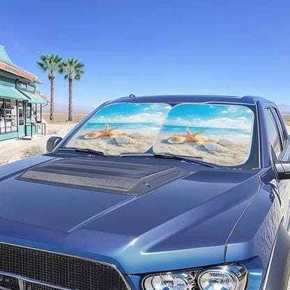 2 Piece Sun Shade for Car Windshield Sunshade Shells Starfish Print, UV Ray & Heat Block Keep Vehicle Cooler, 28.5" x 25.5" - color: Starfish Sky Blue