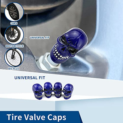 Cars Tires Valve Stem Caps Cover Dustproof Cool Skull Head Universal Fit Most of Cars SUV Bike Trucks Motorcycles 4 Pcs/Set (Blue) - color: Blue
