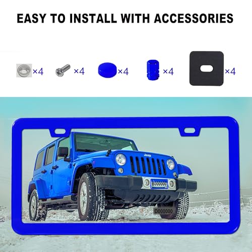 Blue License Plate Frame, Premium Matte Aluminum Alloy Holder with 2 Holes, 2 Pack Waterproof Rust-Proof Universal Car Frame, Including Screws, Caps and Rattle Proof Pads - color: Blue