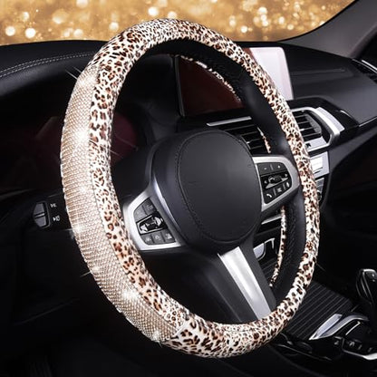 AUTOYOUTH Leopard Print Steering Wheel Cover - Bling Crystal Rhinestones Cheetah Print on PVC Leather Non-Slip Breathable Design for Women/Girls Universal Fit 14.5-15 Inch - color: GOLD