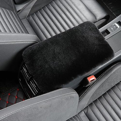 Genuine Sheepskin Center Console Cover Pad Genuine Furry Fluffy Wool Fur Car Armrest Cover Protector Universal Fit for SUV/Truck/Car - color: Shearling-Black