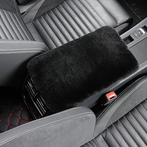 Genuine Sheepskin Center Console Cover Pad Genuine Furry Fluffy Wool Fur Car Armrest Cover Protector Universal Fit for SUV/Truck/Car - color: Shearling-Black