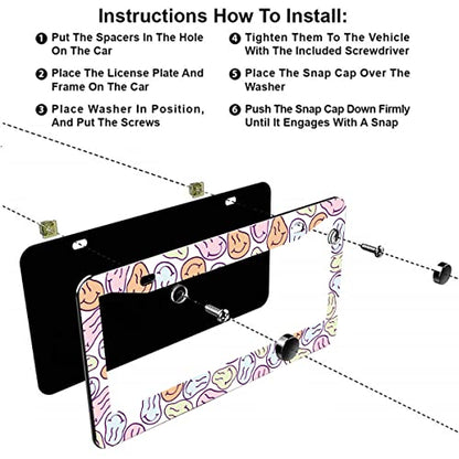 2Pcs Funny Smile License Plate Frames Cover Holders Stainless Steel Funny Smiley License Plate Cover with Screw Caps Cover and Screwdriver Set - 2-Hole for Girl Women (Boho Pattern) - color: Funny Smiley