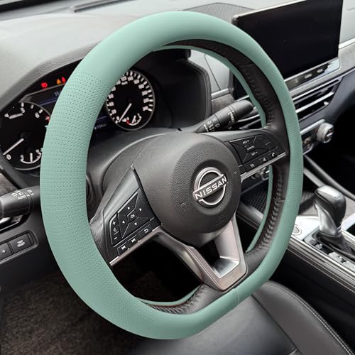 PINCTROT D Shaped Nappa Leather Steering Wheel Cover, Slim Fit No Bulk Design, One Piece Leather with Breathable Perforation, Fit Like Gloves, Flat Bottom 14.5-15 Inch(Nappa Mint) - color: 09.Mint, size: D Shaped/Flat Bottom[14 1/2''-15'']