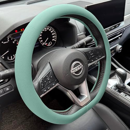 PINCTROT D Shaped Nappa Leather Steering Wheel Cover, Slim Fit No Bulk Design, One Piece Leather with Breathable Perforation, Fit Like Gloves, Flat Bottom 14.5-15 Inch(Nappa Mint) - color: 09.Mint, size: D Shaped/Flat Bottom[14 1/2''-15'']