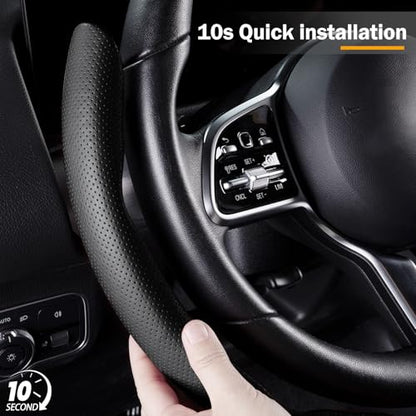 Nappa Leather Car Steering Wheel Cover for Men Women, Ultra-Thin Non-Slip Breathable Microfibre, Universal for 14.5"-15" Steering Wheel - Black - color: Black