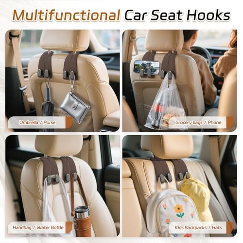 Car Seat Headrest Hooks - 2 Pack Universal Car Purse Hook, Leather Car Bag Purse Holder with Double Metal Hooks for Handbags, Grocery Bags, Bottles, Phones - color: Brown
