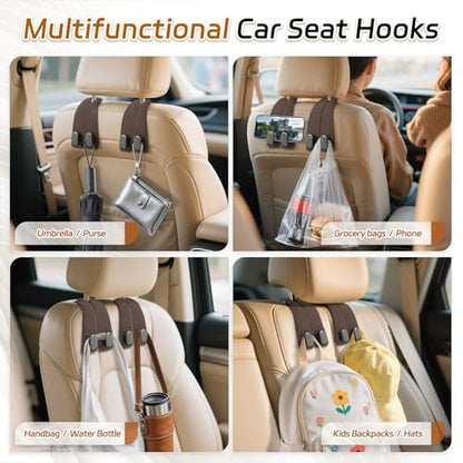 Car Seat Headrest Hooks - 2 Pack Universal Car Purse Hook, Leather Car Bag Purse Holder with Double Metal Hooks for Handbags, Grocery Bags, Bottles, Phones - color: Brown
