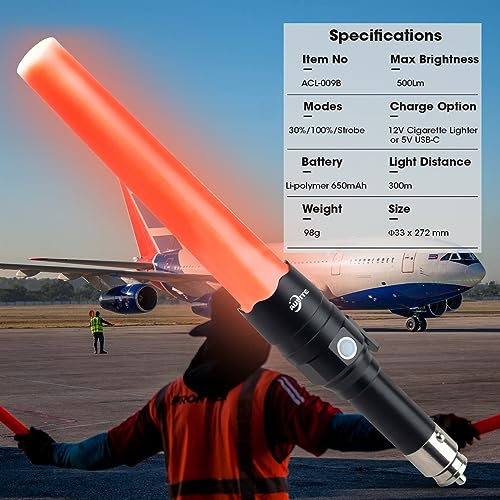 Small Safety Wand Flashlight for Traffic,Car,Emergency | Cigarette Lighter & USB C Rechargeable Torch with Seat Belt Cutter - color: Black