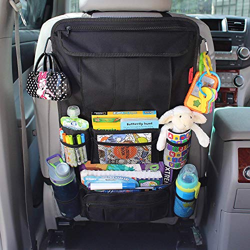 Lusso Gear Backseat Car Organizer- Kick Mat Protects Against Kids Feet - 12 Large Storage Pockets - iPad,Tablet, Water Bottle Holder- Durable, Heavy Duty Road Trip Essential (Black) - color: 1-Pack Black