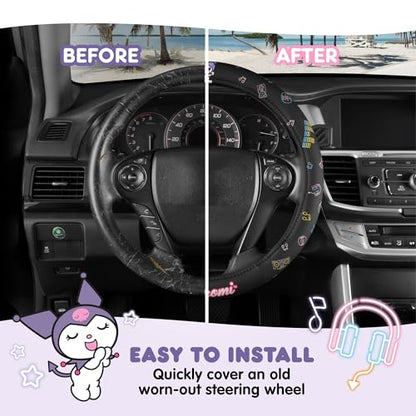 Sanrio Hello Kitty and Friends Kuromi Black Car Steering Wheel Cover, Universal Fit Cute Accessories for Women Stylish Decor Gifts Hello Kitty Accessories - Fits Standard Wheels 14.5"-15" - style: Kuromi Black