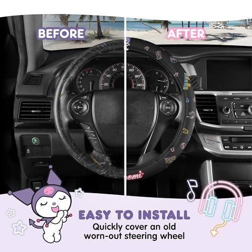 Sanrio Kuromi Car Trunk Organizer & Steering Wheel Cover Set – Cute, Non-Slip, Soft Grip Car Accessories for Women – Collapsible Storage Bin for Groceries, Tools & Travel – 12.5"L x 12.5"W x 9"H - style: Set Kuromi