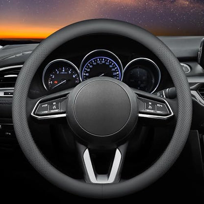 Carodi Leather car Steering Wheel Cover, Ultra-Thin, Comfortable, Non-Slip, Breathable, Universal 15 inches (Black) - color: Black-A