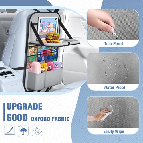 2PACK-Car Backseat Organizer with Touch Screen Tablet Holder,9 Storage Pockets Storage Organizer with Foldable Food Tray, Protector Kick Mats for Kids, Travel Accessories Organizer (Grey) - style: 2 Pack with Food Tray-Grey