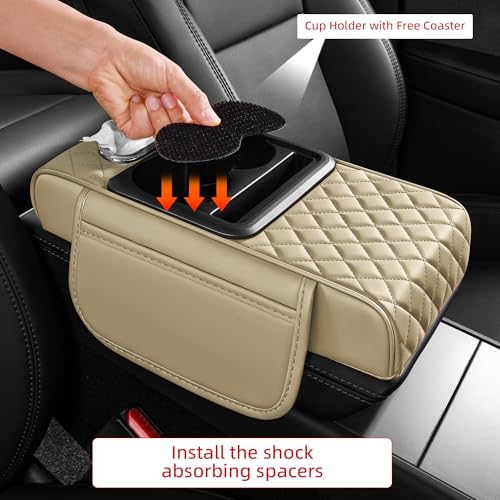 5 in 1 Car Center Console Cover, Armrest Pad with 2 Storage Pockets, Cup Holder, Tissue Box Slot, Phone Holder, Universal Car Interior Organizer (Beige) - color: Beige