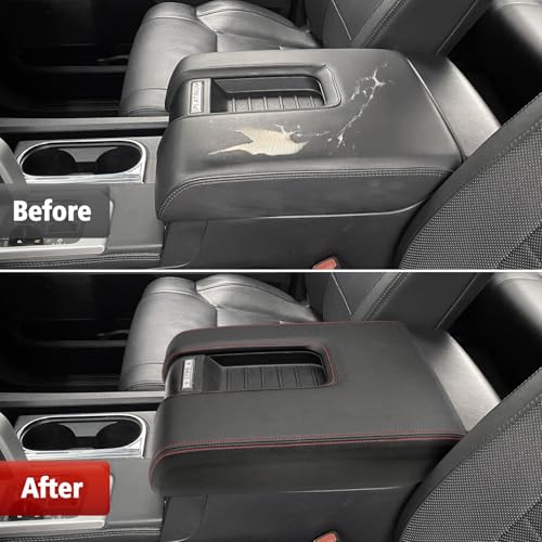 KBH Car Center Console Cover Replacement for Toyota Tundra 2014 2015 2016 2017 2018 2019 2020 2021, Vinyl Leather Armrest Uhpholstery, Anti-Scratch, Black-red Stitch (Leather Part Only) - color: Black-red stitch