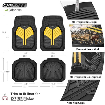 CAR PASS Heavy Duty Rubber Car Mats, Deep Dish Car Floor Mats All Weather, Car Mats Full Set 4-Piece Trim to Fit for Sedans SUVs Trucks, Waterproof Anti-Slip Automotive Mats, V12 Black and Yellow - color: Black and Yelllow