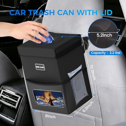Beicarin Car Trash Can with Lid - Trash Bag Hanging with Storage Pockets Leak-Proof Organizer Collapsible and Portable Waterproof Garbage Bin, 2.2 Gallons Multipurpose Trash Bin for Car - size: 2.2 Gal
