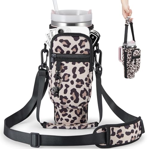 BULKITEM Water Bottle Carrier Bag with Phone Pocket for Stanley 40 & 30 oz Tumbler with Handle,Pink Insulated Neoprene Cup Holder Pouch w/Adjustable Strap for Quencher H2.0 Stanley Cup Accessories - color: Leopard Print, size: 30oz