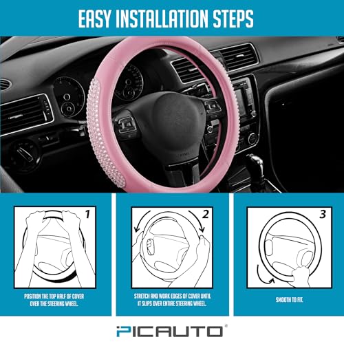 PIC AUTO Steering Wheel Cover, Glitter Gel Particles & Pink Luxury Leather Car Steering Cover, Universal Fit 14.5"-15.5" Anti-Slip Car Wheels Cover for Girls & Women - color: Pink